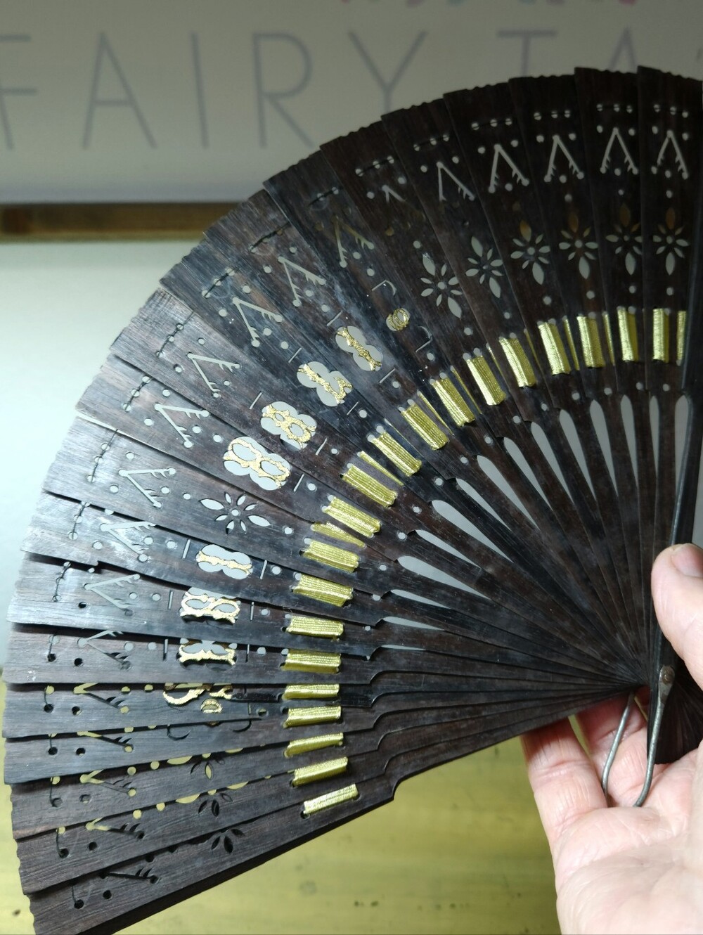 Vintage Bali Hand-Carved Hardwood Folding Fan with Gold Metallic Thread Accents